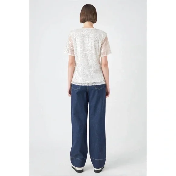 GREY LAB Sequin Short Sleeve Top‎ White Nude Pink NWT Size M - Picture 6 of 9